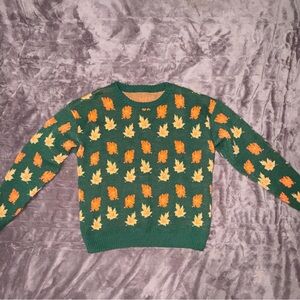 Green, Leaf Print Crewneck Sweater - Women's M